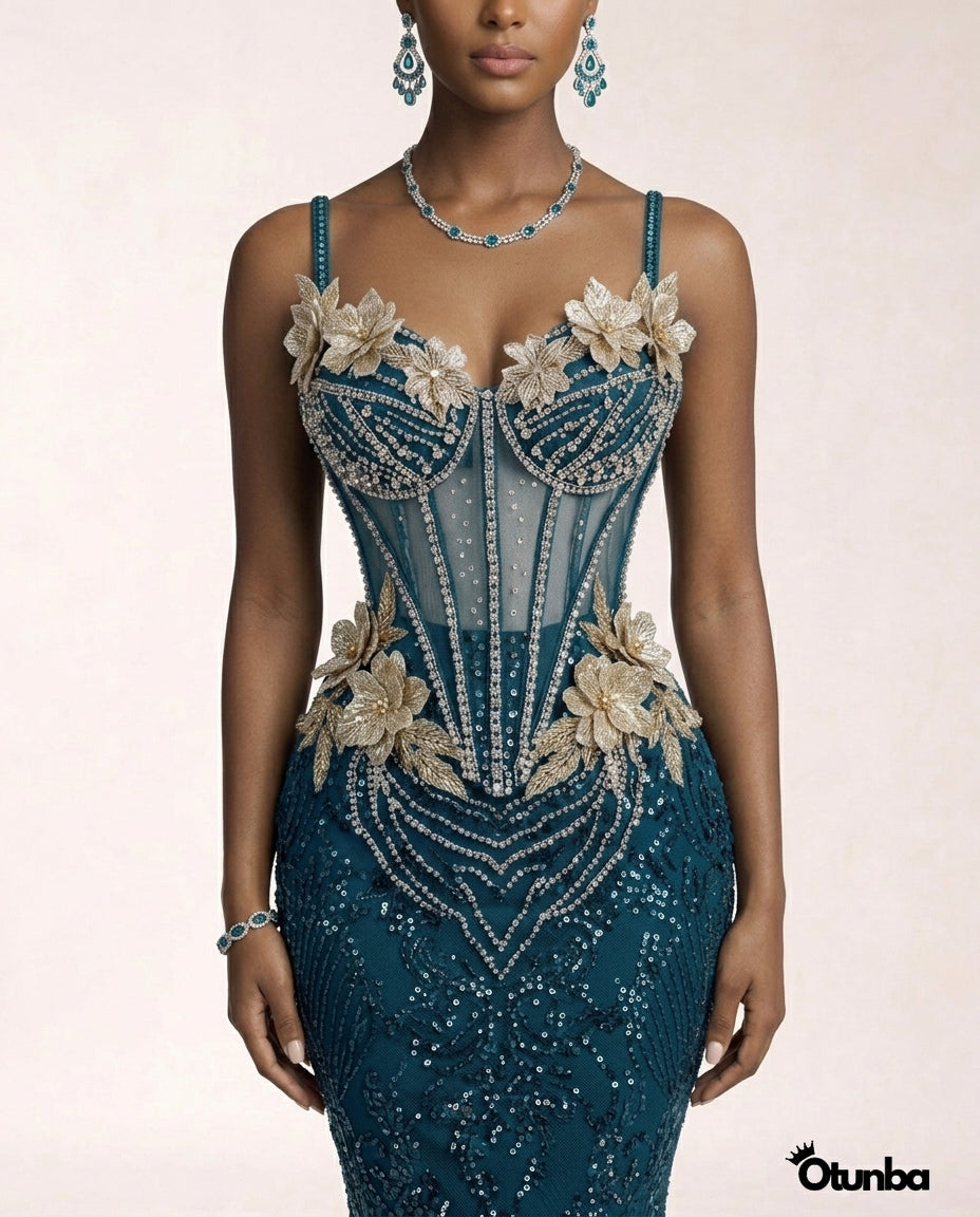 Luxury Traditional George Lace Wedding Attire | Silver and Blue