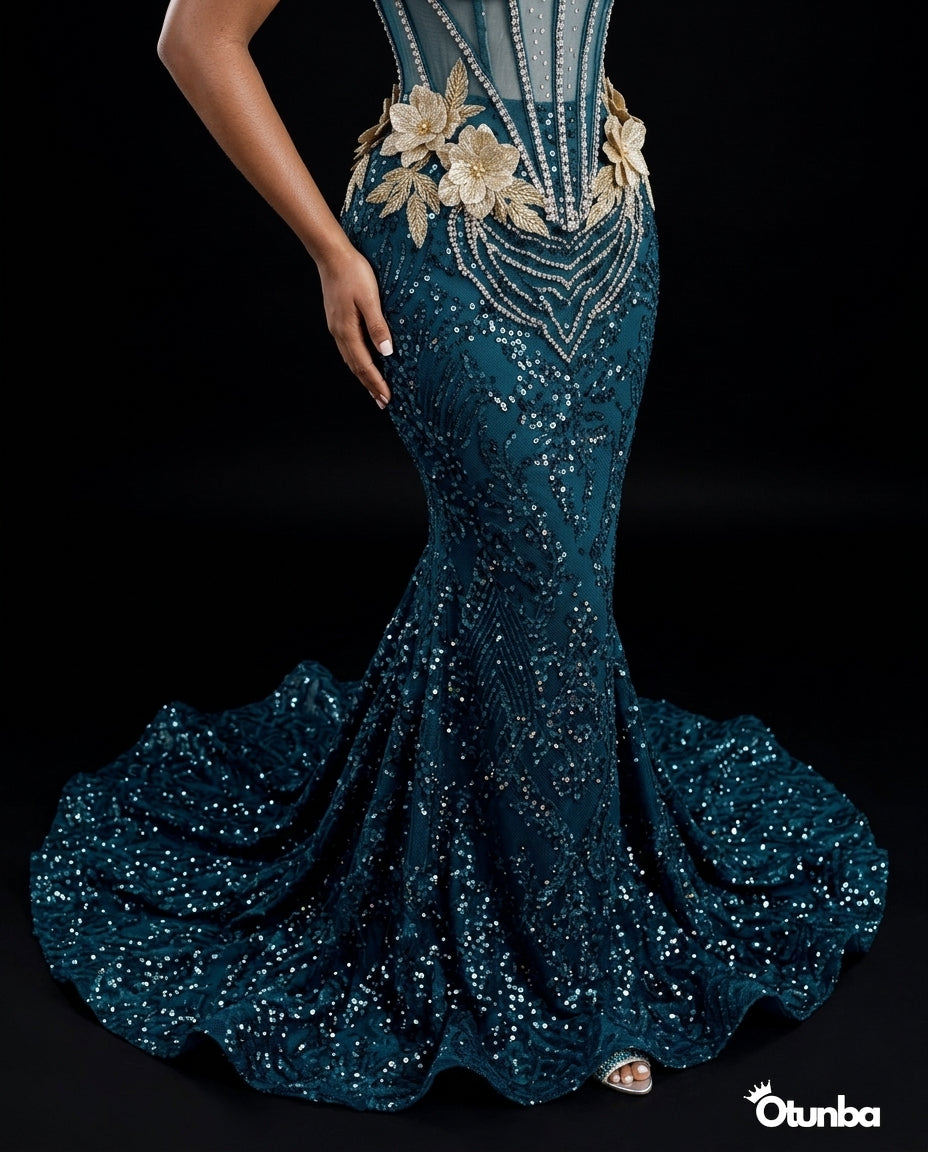 Luxury Traditional George Lace Wedding Attire | Silver and Blue — Photo 5 | OTUNBA Luxury Fashion