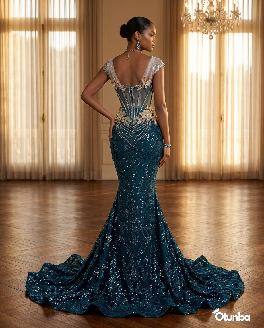 Luxury Traditional George Lace Wedding Attire | Silver and Blue — Social 1 | OTUNBA Luxury Fashion