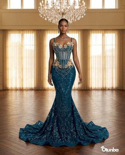 Luxury Traditional George Lace Wedding Attire | Silver and Blue — Social 2 | OTUNBA Luxury Fashion