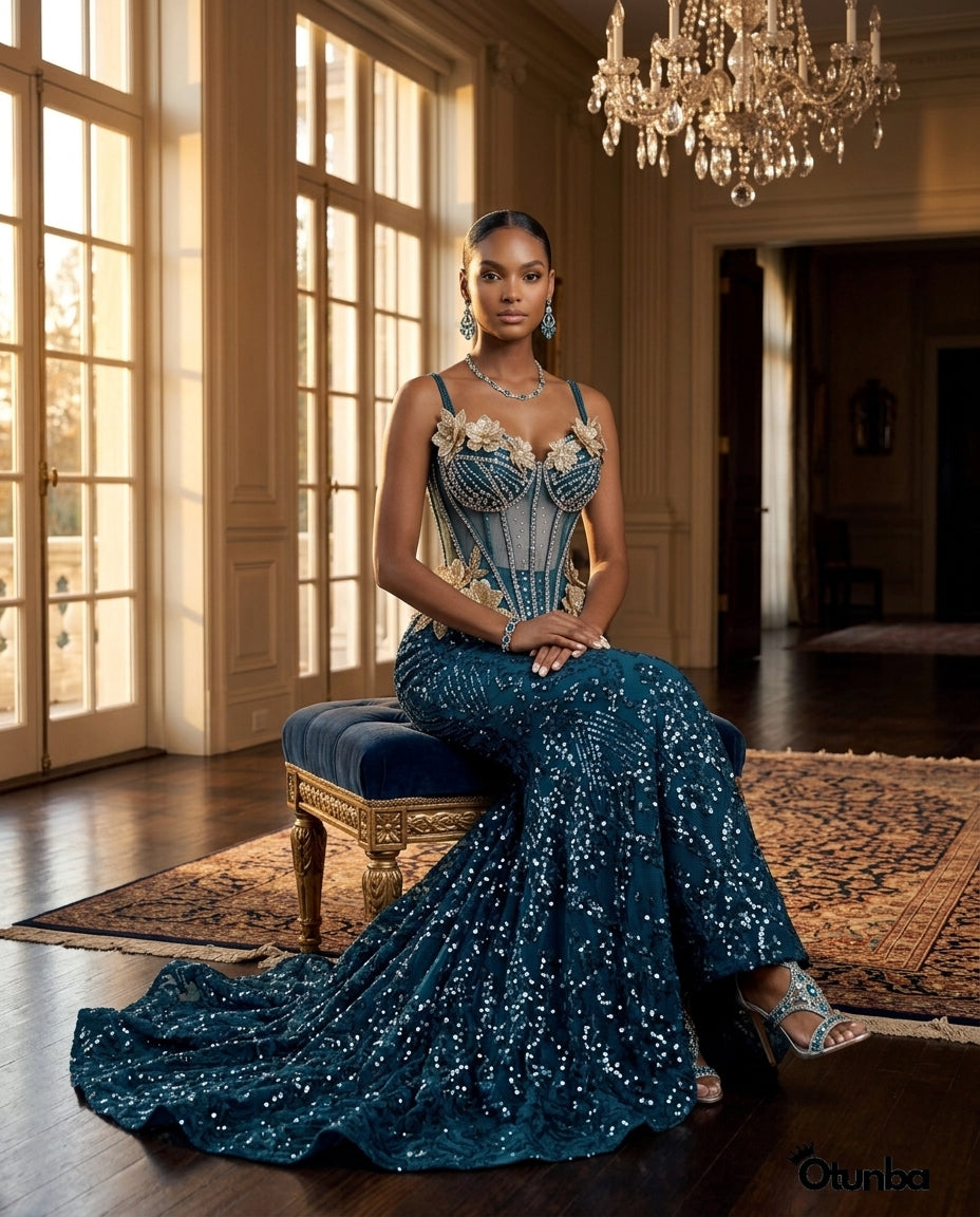 Luxury Traditional George Lace Wedding Attire | Silver and Blue — Social 5 | OTUNBA Luxury Fashion