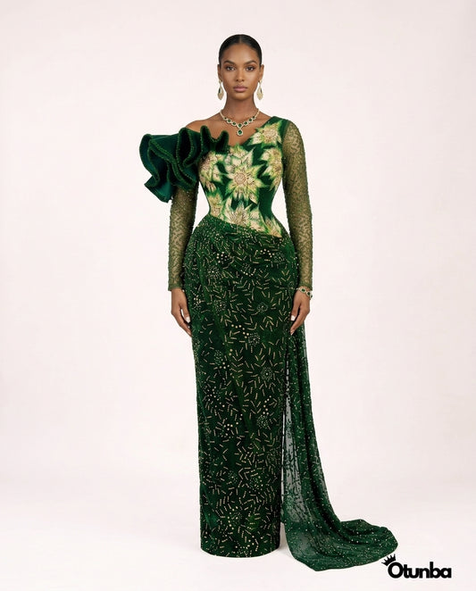 Luxury Traditional George Wedding Dress | Dark Green — Photo 5 | OTUNBA Luxury Fashion