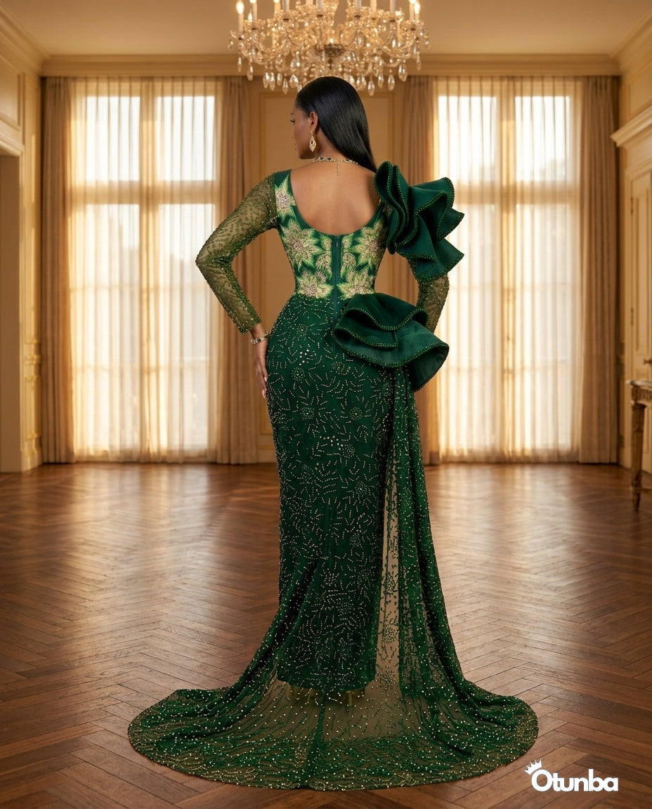 Luxury Traditional George Wedding Dress | Dark Green — Social 1 | OTUNBA Luxury Fashion