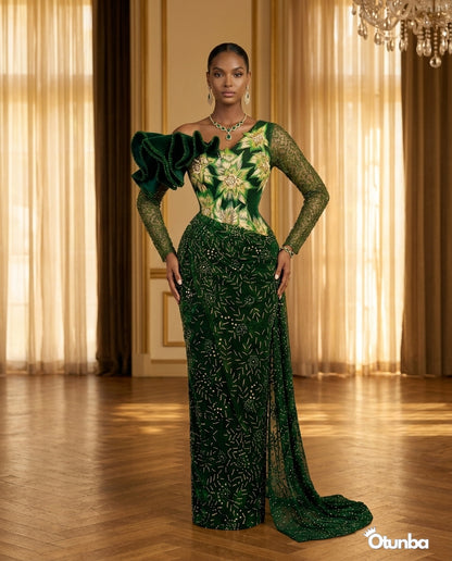 Luxury Traditional George Wedding Dress | Dark Green — Social 2 | OTUNBA Luxury Fashion