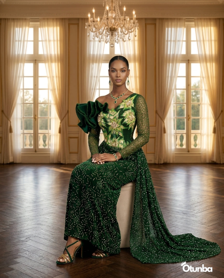 Luxury Traditional George Wedding Dress | Dark Green — Social 3 | OTUNBA Luxury Fashion