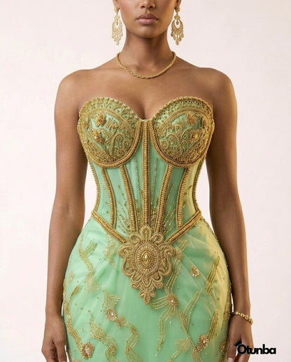 Luxury Traditional Pointed Shoulder Wedding Dress | Mint Green Aso Ebi — Photo 1 | OTUNBA Luxury Fashion