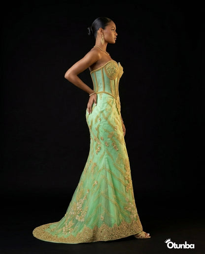 Luxury Traditional Pointed Shoulder Wedding Dress | Mint Green Aso Ebi — Photo 2 | OTUNBA Luxury Fashion