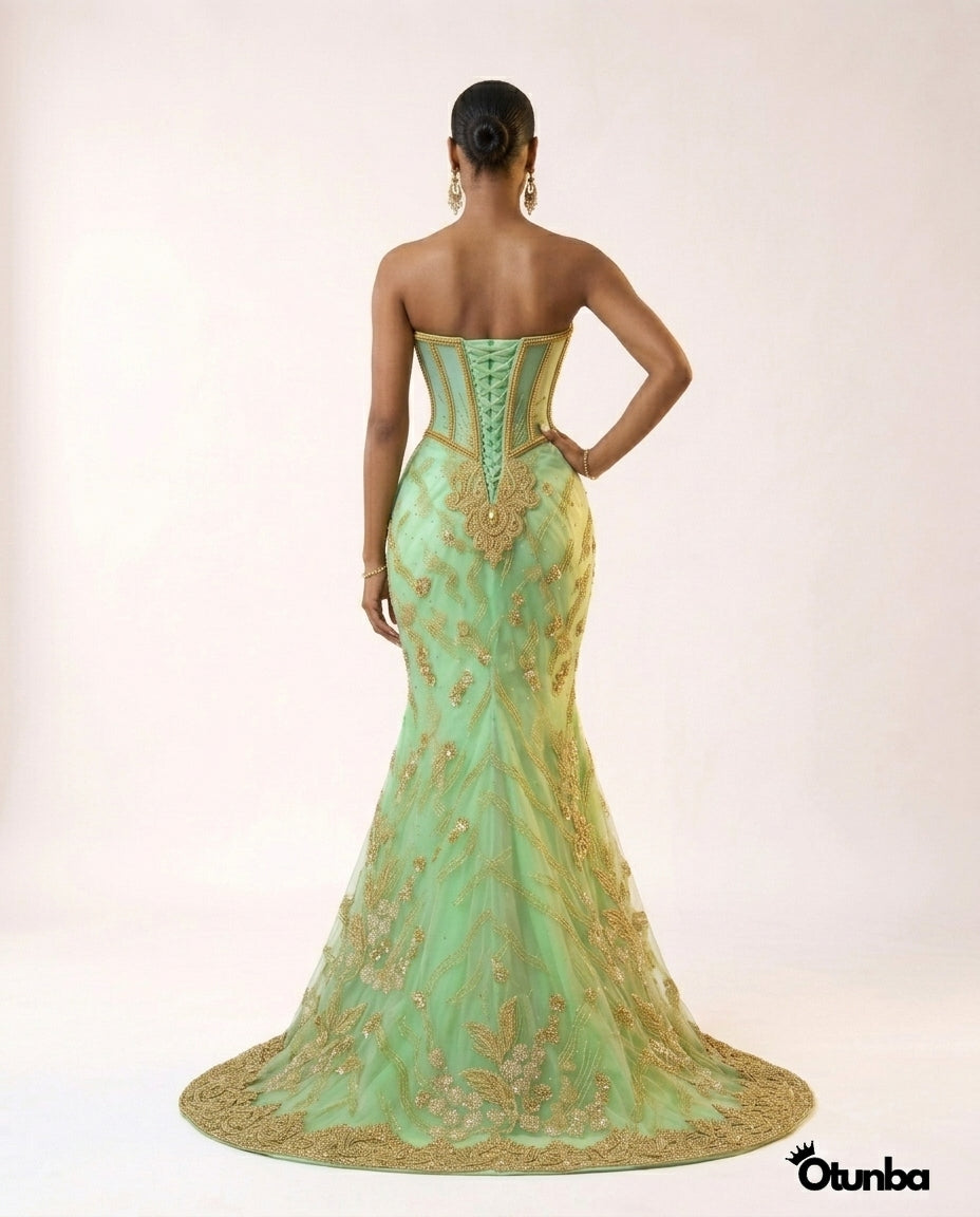 Luxury Traditional Pointed Shoulder Wedding Dress | Mint Green Aso Ebi — Photo 3 | OTUNBA Luxury Fashion