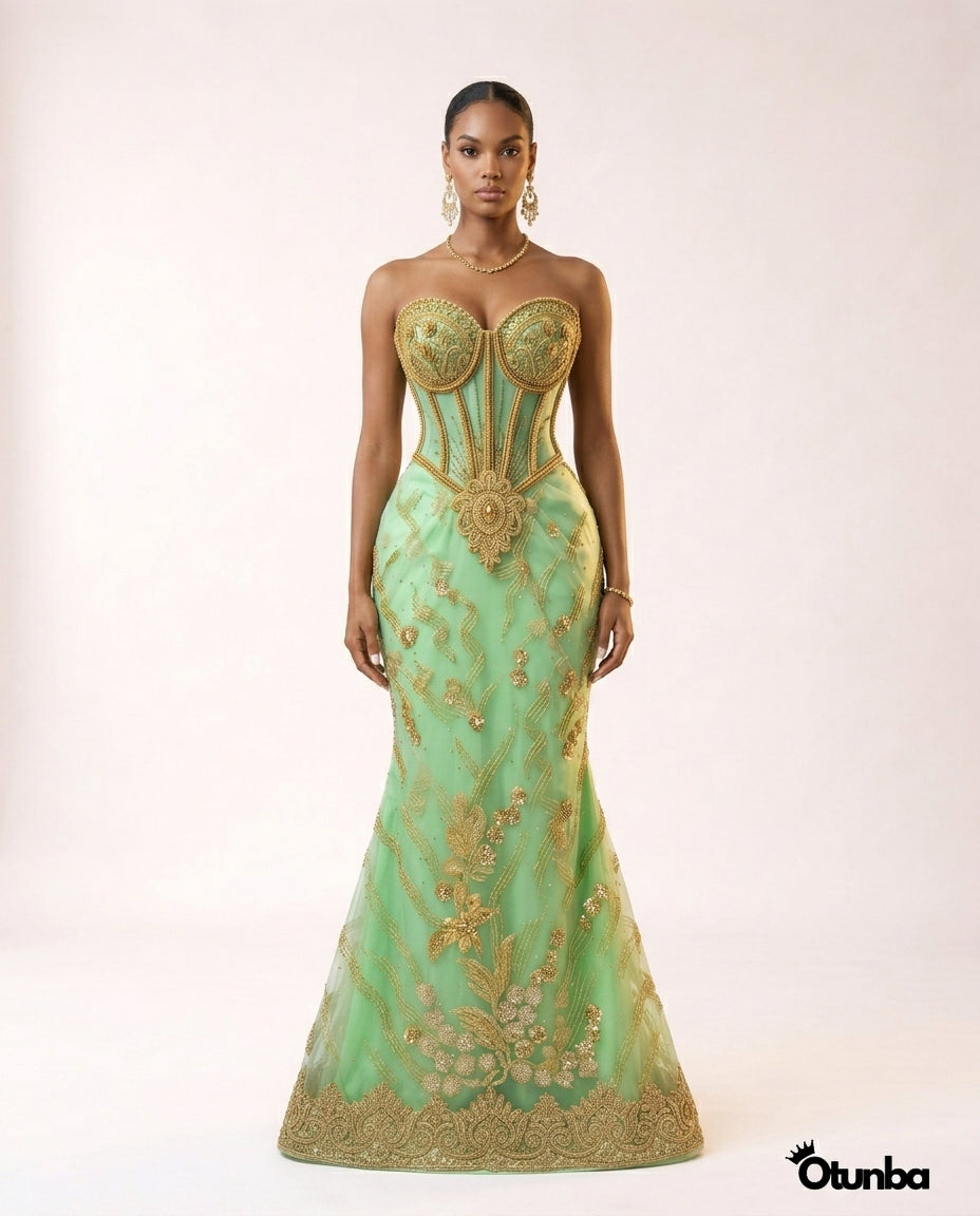 Luxury Traditional Pointed Shoulder Wedding Dress | Mint Green Aso Ebi OTUNBA Luxury Traditional Pointed Shoulder Wedding Dress | Mint Green Aso Ebi OTUNBA