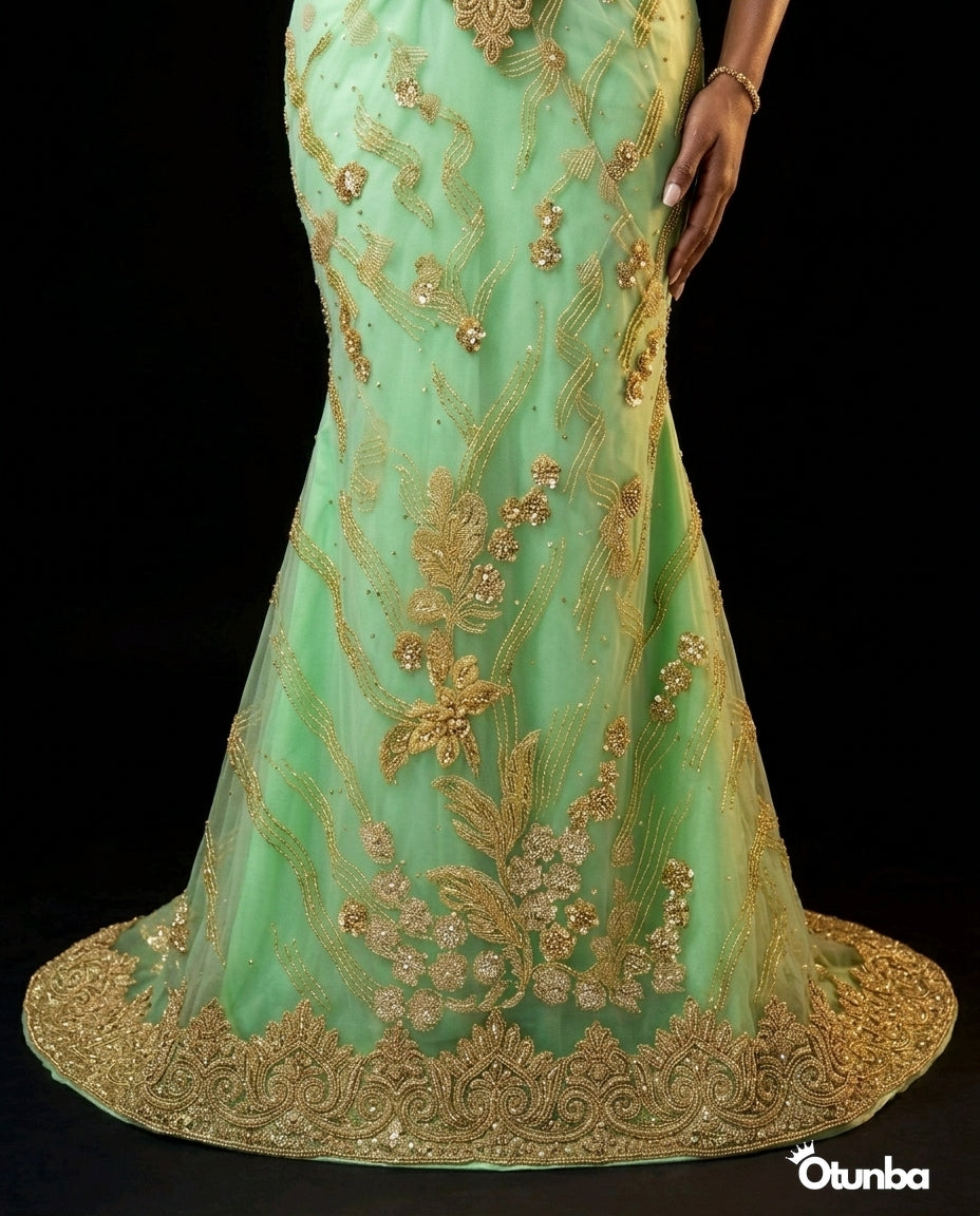 Luxury Traditional Pointed Shoulder Wedding Dress | Mint Green Aso Ebi — Photo 5 | OTUNBA Luxury Fashion