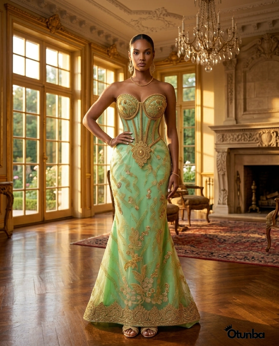 Luxury Traditional Pointed Shoulder Wedding Dress | Mint Green Aso Ebi — Social 1 | OTUNBA Luxury Fashion