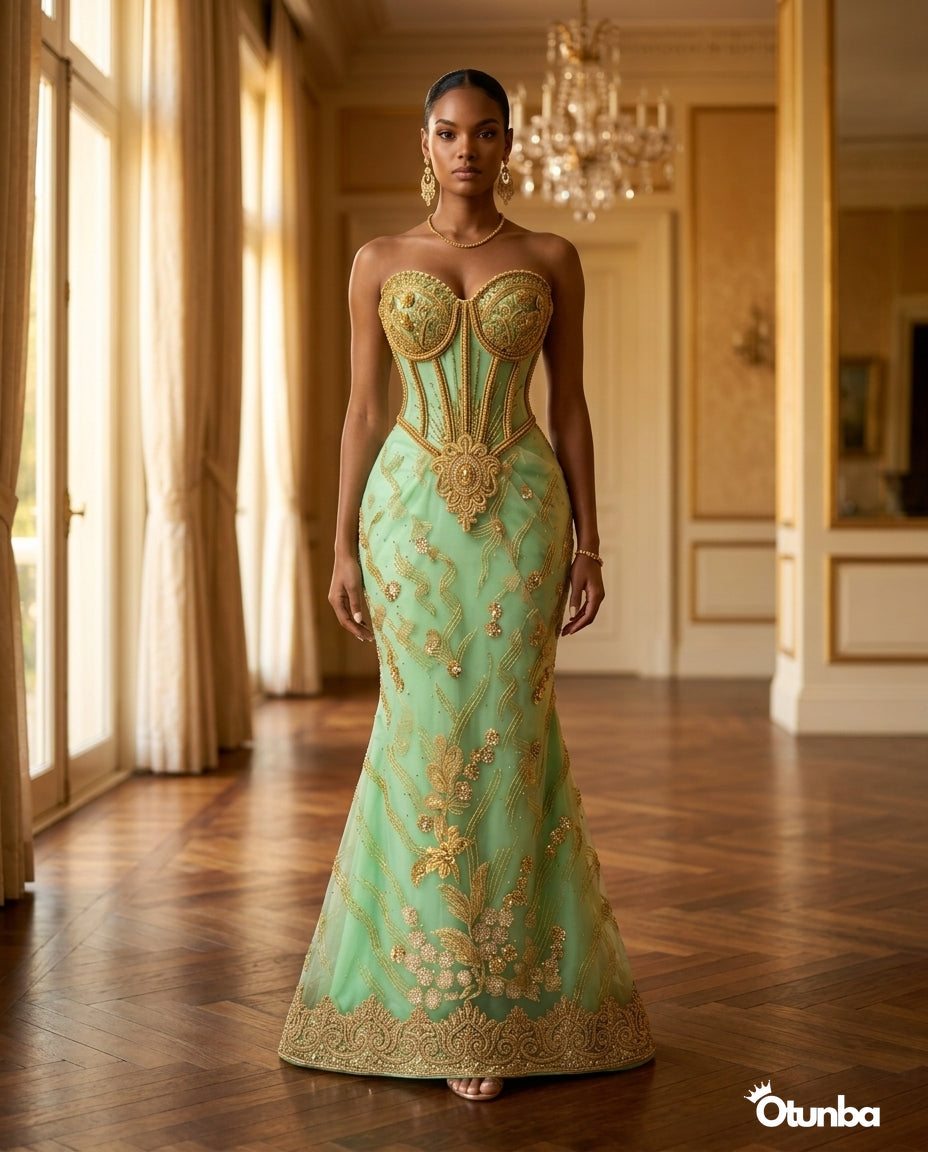 Luxury Traditional Pointed Shoulder Wedding Dress | Mint Green Aso Ebi OTUNBA Luxury Traditional Pointed Shoulder Wedding Dress | Mint Green Aso Ebi OTUNBA