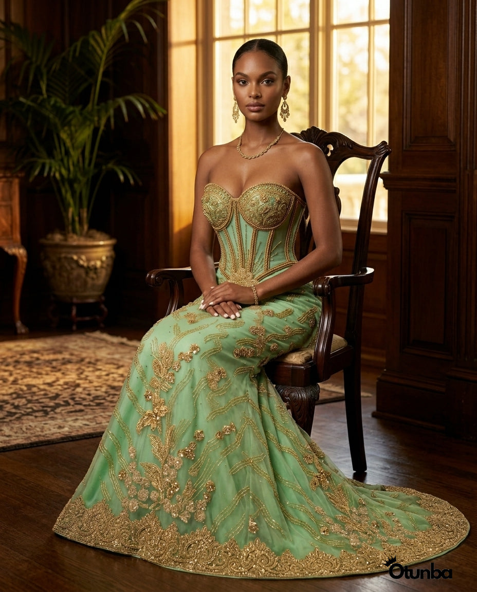 Luxury Traditional Pointed Shoulder Wedding Dress | Mint Green Aso Ebi OTUNBA Luxury Traditional Pointed Shoulder Wedding Dress | Mint Green Aso Ebi OTUNBA