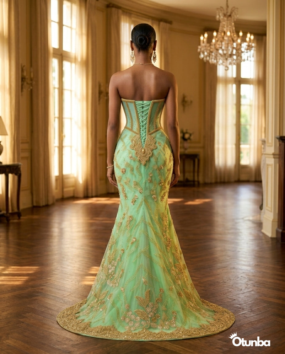 Luxury Traditional Pointed Shoulder Wedding Dress | Mint Green Aso Ebi OTUNBA Luxury Traditional Pointed Shoulder Wedding Dress | Mint Green Aso Ebi OTUNBA