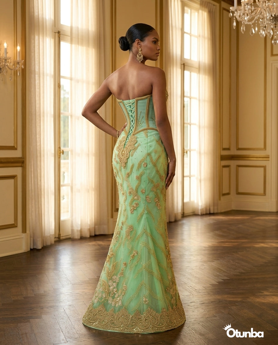 Luxury Traditional Pointed Shoulder Wedding Dress | Mint Green Aso Ebi — Social 5 | OTUNBA Luxury Fashion