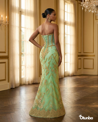 Luxury Traditional Pointed Shoulder Wedding Dress | Mint Green Aso Ebi — Social 5 | OTUNBA Luxury Fashion