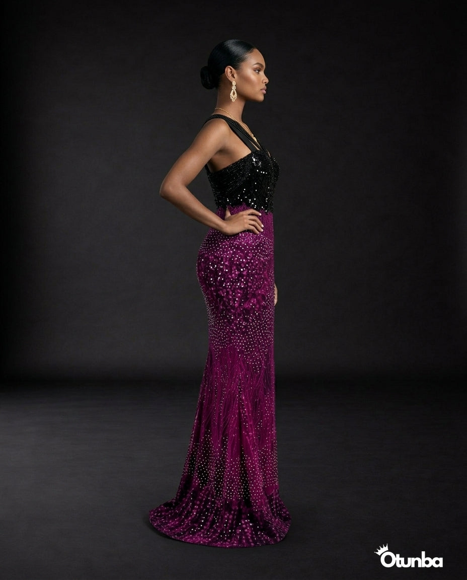 Luxury Traditional Wedding Party Dress | Black & Purple Aso Ebi — Photo 5 | OTUNBA Luxury Fashion