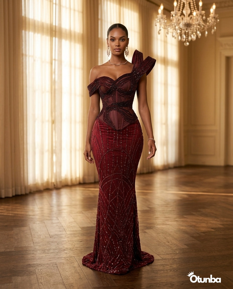 Luxury Traditional Wedding Party Dress | Burgundy — Social 4 | OTUNBA Luxury Fashion