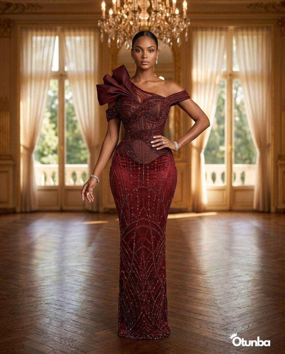 Luxury Traditional Wedding Party Dress | Burgundy OTUNBA Luxury Traditional Wedding Party Dress | Burgundy OTUNBA