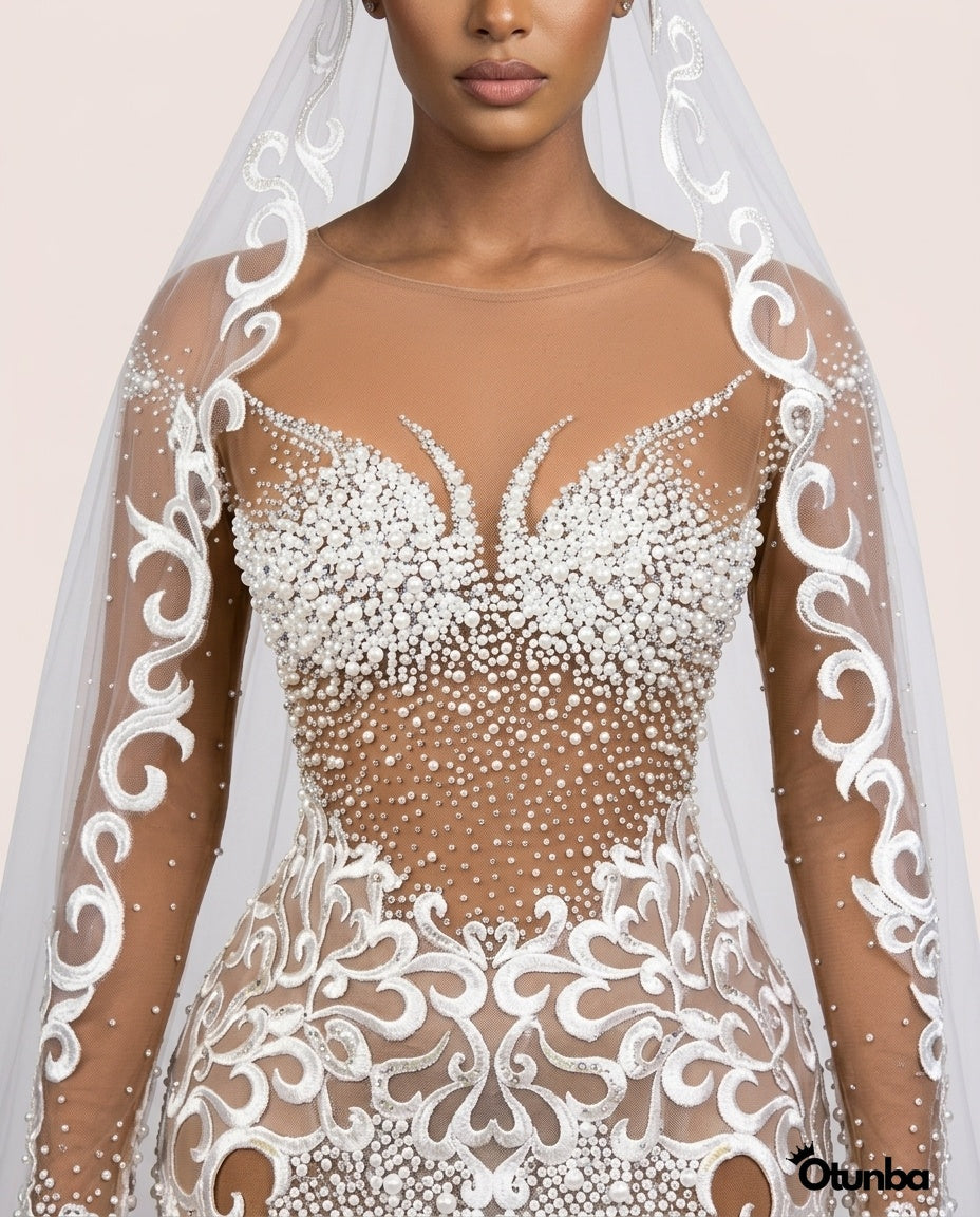 Luxury White Lace Wedding Dress | Brown Gown with Long Veil — Photo 1 | OTUNBA Luxury Fashion