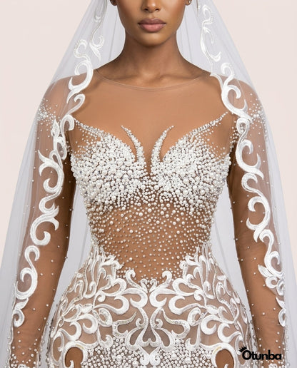 Luxury White Lace Wedding Dress | Brown Gown with Long Veil — Photo 1 | OTUNBA Luxury Fashion