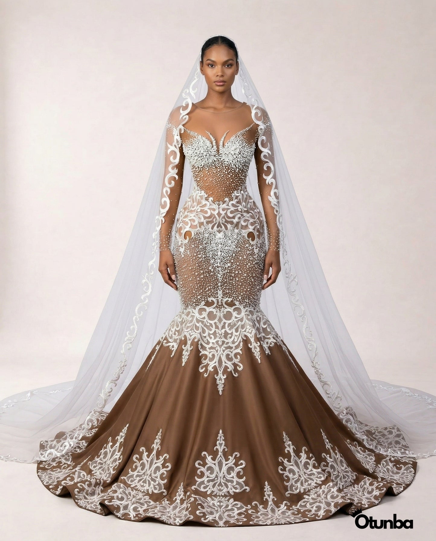 Luxury White Lace Wedding Dress | Brown Gown with Long Veil — Photo 3 | OTUNBA Luxury Fashion