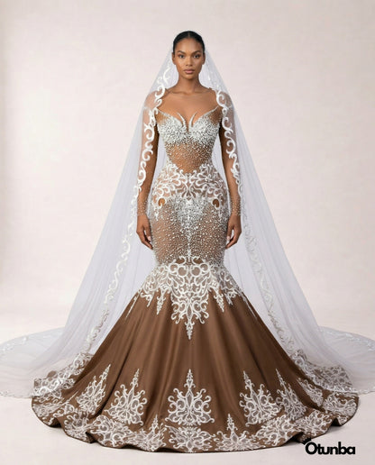 Luxury White Lace Wedding Dress | Brown Gown with Long Veil — Photo 3 | OTUNBA Luxury Fashion
