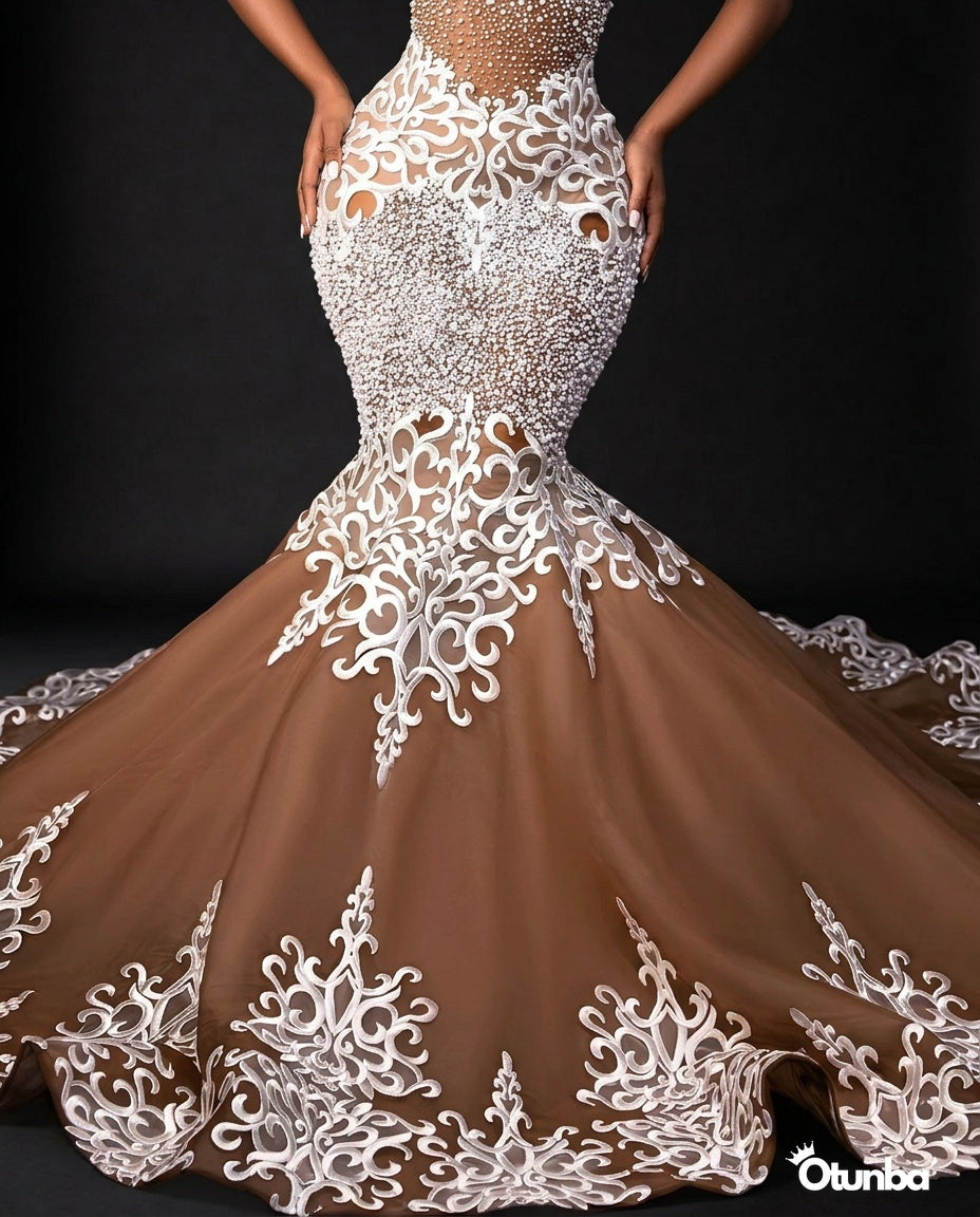 Luxury White Lace Wedding Dress | Brown Gown with Long Veil — Photo 4 | OTUNBA Luxury Fashion