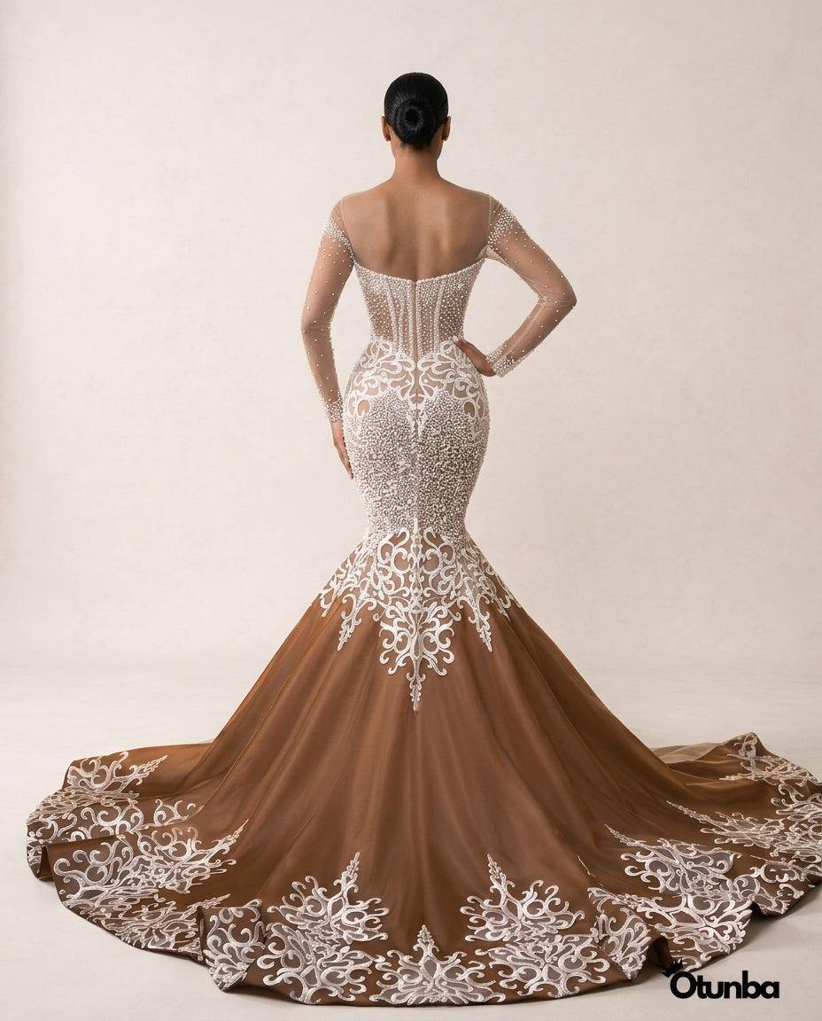 Luxury White Lace Wedding Dress | Brown Gown with Long Veil — Photo 5 | OTUNBA Luxury Fashion