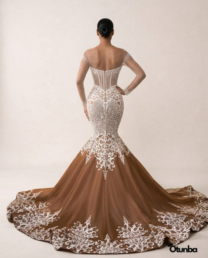 Luxury White Lace Wedding Dress | Brown Gown with Long Veil — Photo 5 | OTUNBA Luxury Fashion