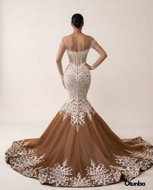 Luxury White Lace Wedding Dress | Brown Gown with Long Veil — Photo 5 | OTUNBA Luxury Fashion