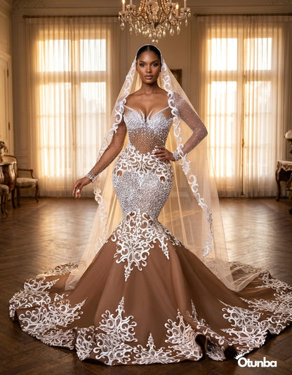 Luxury White Lace Wedding Dress | Brown Gown with Long Veil — Social 1 | OTUNBA Luxury Fashion