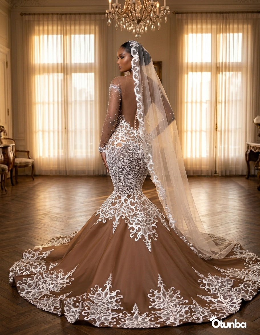 Luxury White Lace Wedding Dress | Brown Gown with Long Veil — Social 4 | OTUNBA Luxury Fashion