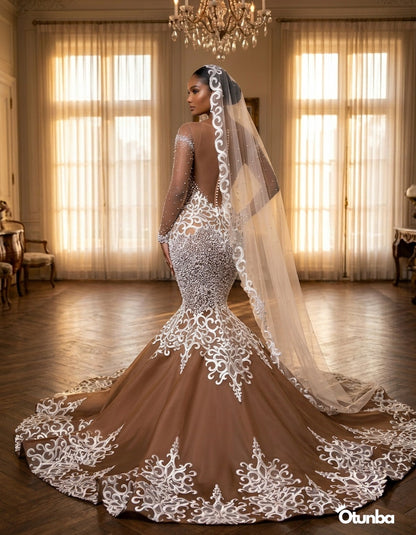 Luxury White Lace Wedding Dress | Brown Gown with Long Veil — Social 4 | OTUNBA Luxury Fashion