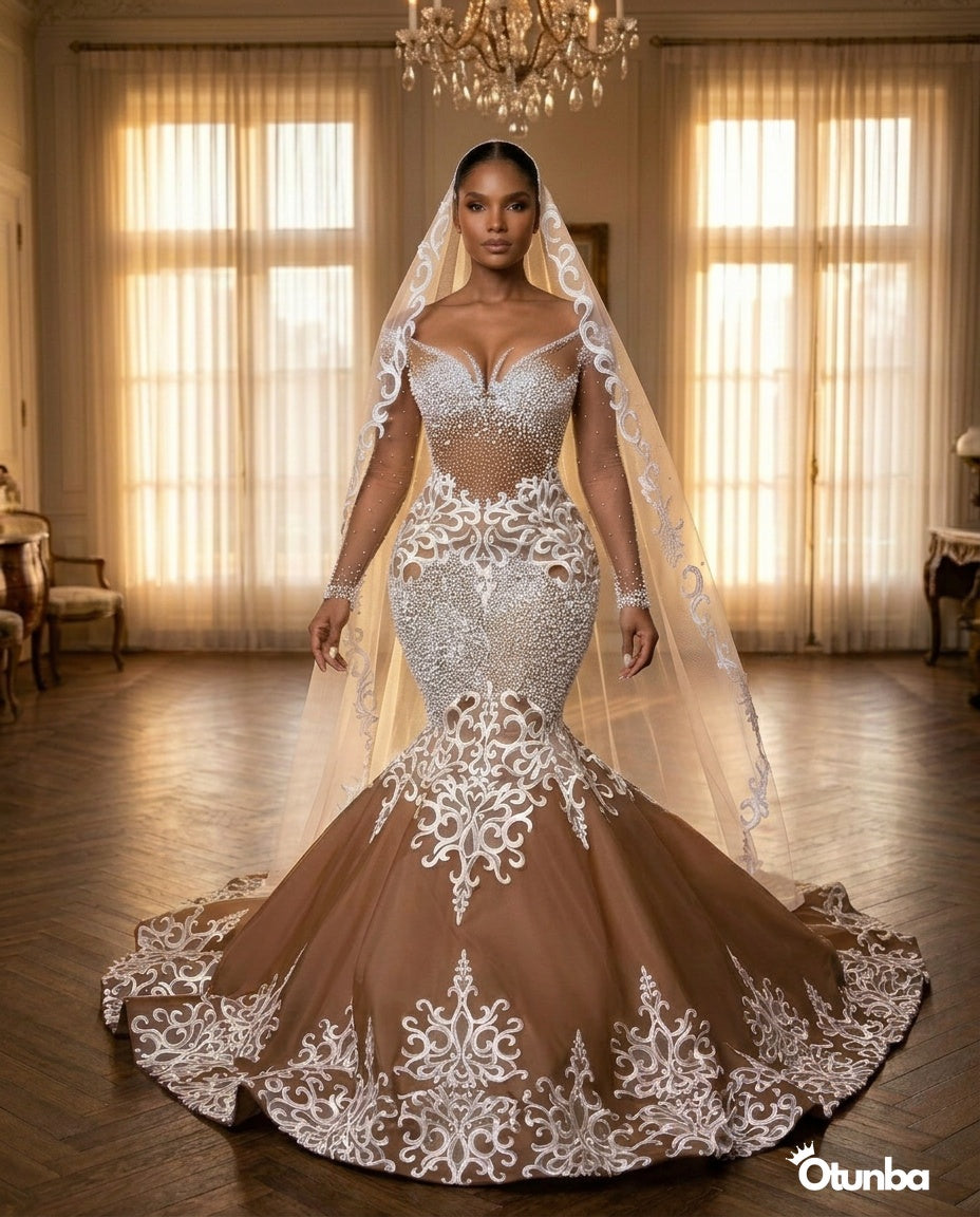 Luxury White Lace Wedding Dress | Brown Gown with Long Veil OTUNBA Luxury White Lace Wedding Dress | Brown Gown with Long Veil OTUNBA