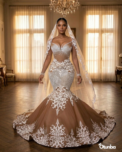 Luxury White Lace Wedding Dress | Brown Gown with Long Veil — Social 5 | OTUNBA Luxury Fashion