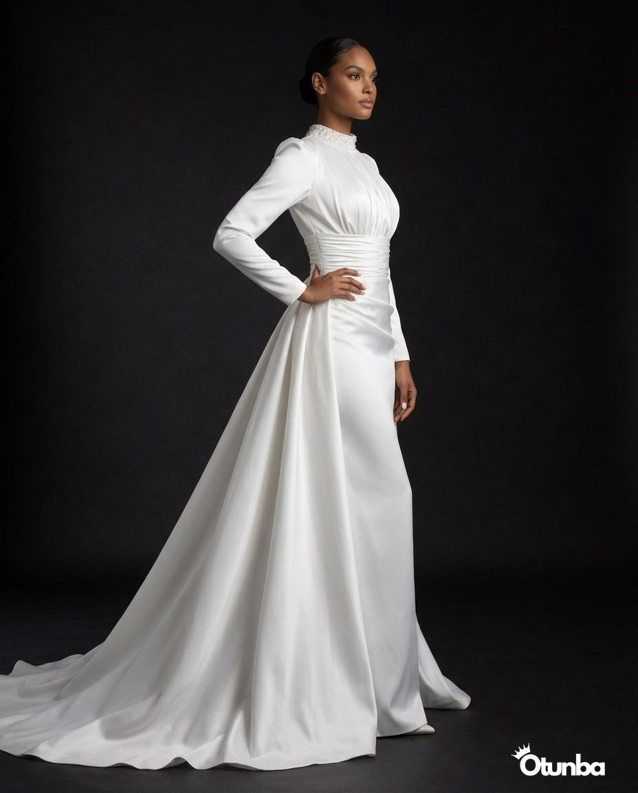 Simple Long Sleeve Satin Wedding Dress | Turtle Neck — Photo 2 | OTUNBA Luxury Fashion