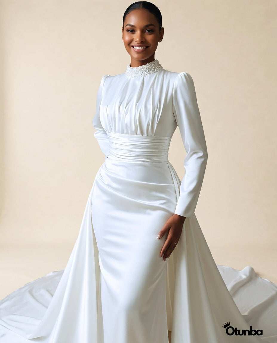 Simple Long Sleeve Satin Wedding Dress | Turtle Neck — Photo 3 | OTUNBA Luxury Fashion