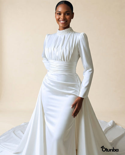 Simple Long Sleeve Satin Wedding Dress | Turtle Neck — Photo 3 | OTUNBA Luxury Fashion