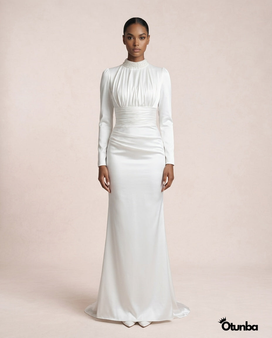 Simple Long Sleeve Satin Wedding Dress | Turtle Neck