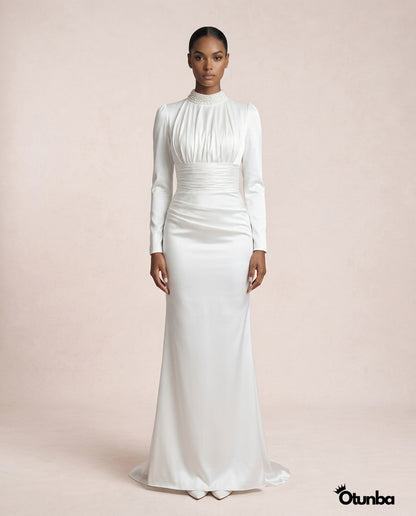 Simple Long Sleeve Satin Wedding Dress | Turtle Neck — Photo 5 | OTUNBA Luxury Fashion