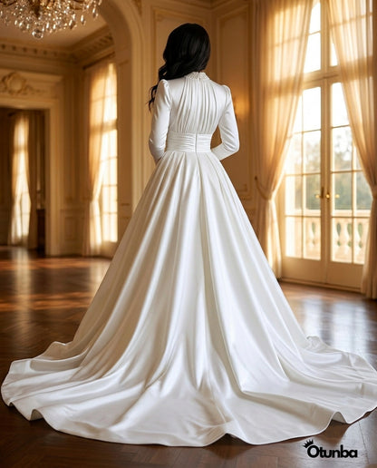 Simple Long Sleeve Satin Wedding Dress | Turtle Neck — Social 1 | OTUNBA Luxury Fashion