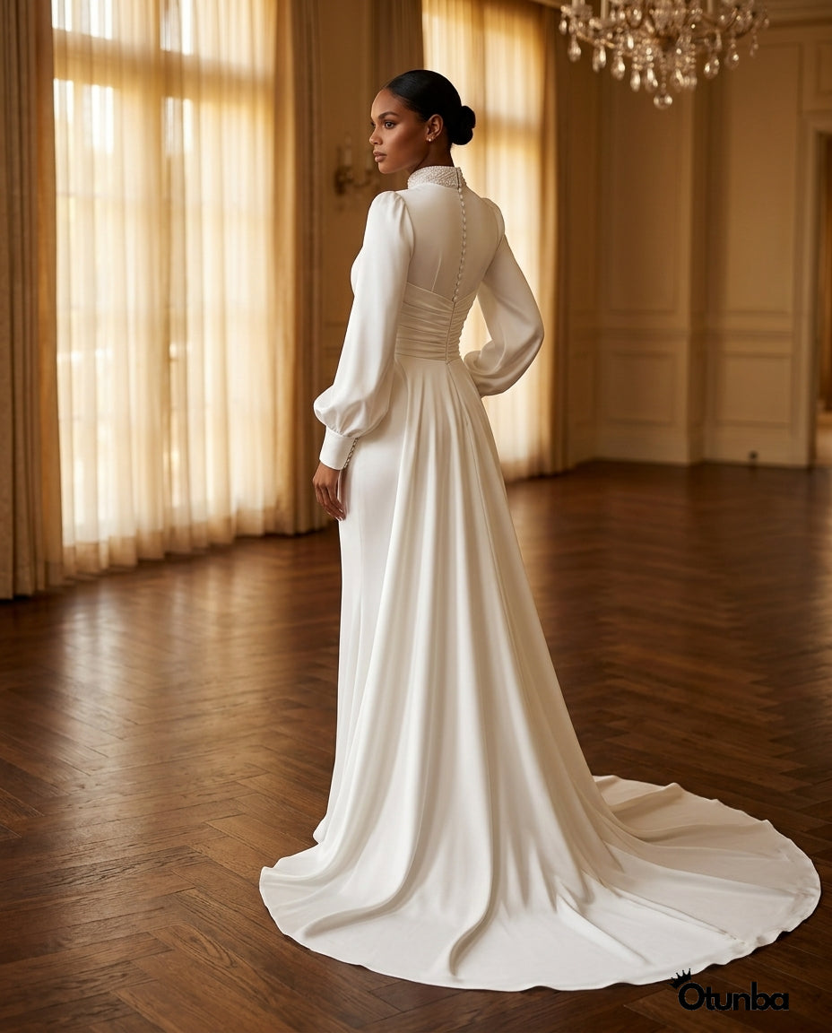 Simple Long Sleeve Satin Wedding Dress | Turtle Neck — Social 2 | OTUNBA Luxury Fashion