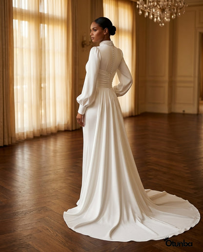 Simple Long Sleeve Satin Wedding Dress | Turtle Neck — Social 2 | OTUNBA Luxury Fashion