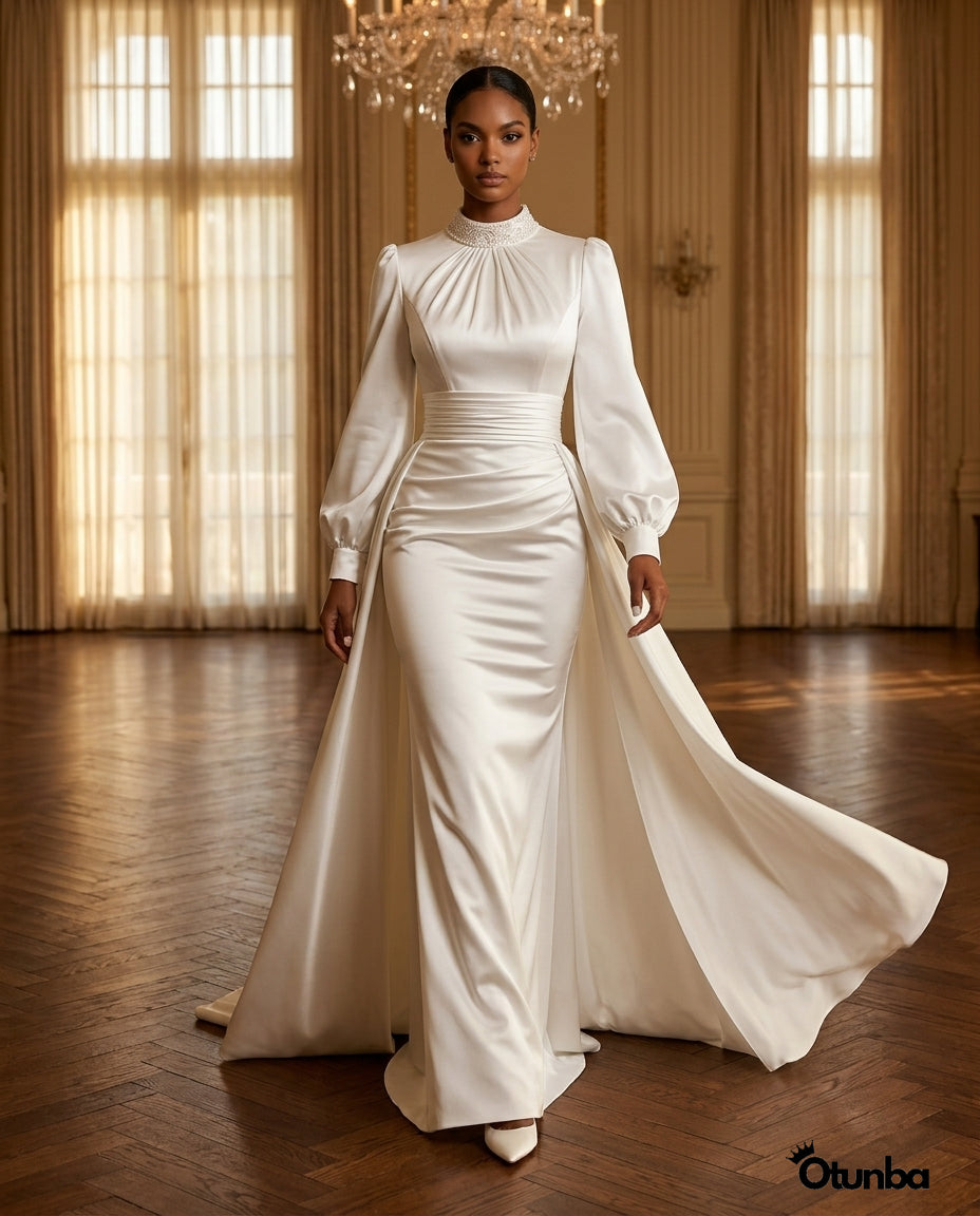 Simple Long Sleeve Satin Wedding Dress | Turtle Neck — Social 3 | OTUNBA Luxury Fashion