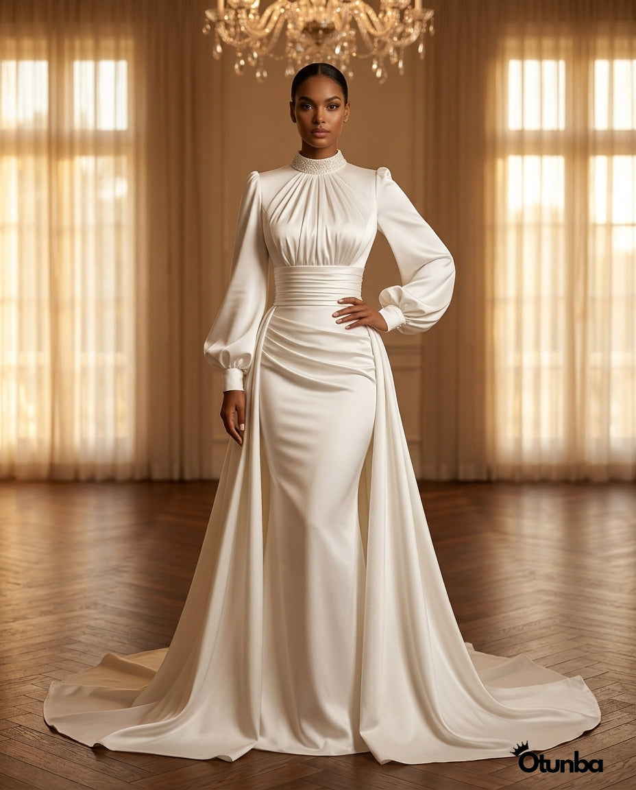 Simple Long Sleeve Satin Wedding Dress | Turtle Neck — Social 4 | OTUNBA Luxury Fashion