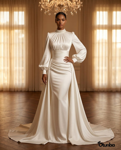 Simple Long Sleeve Satin Wedding Dress | Turtle Neck — Social 4 | OTUNBA Luxury Fashion