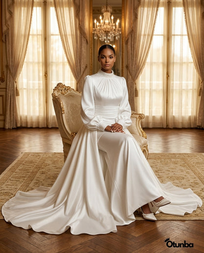 Simple Long Sleeve Satin Wedding Dress | Turtle Neck — Social 5 | OTUNBA Luxury Fashion