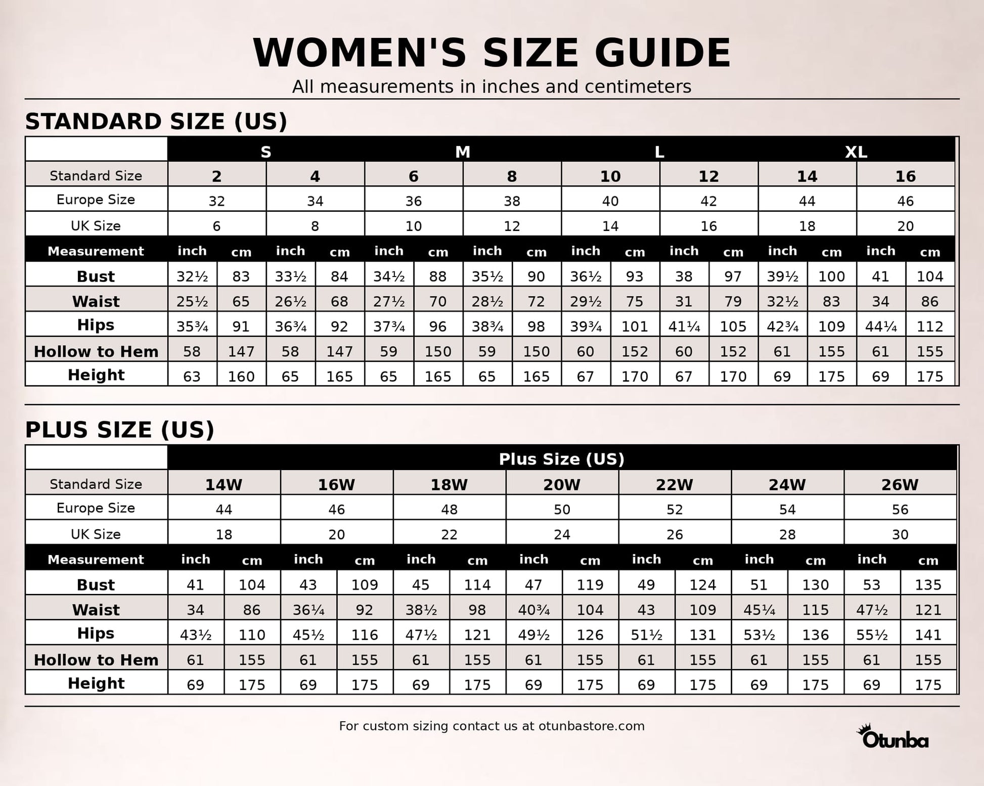 OTUNBA Women's Size Guide