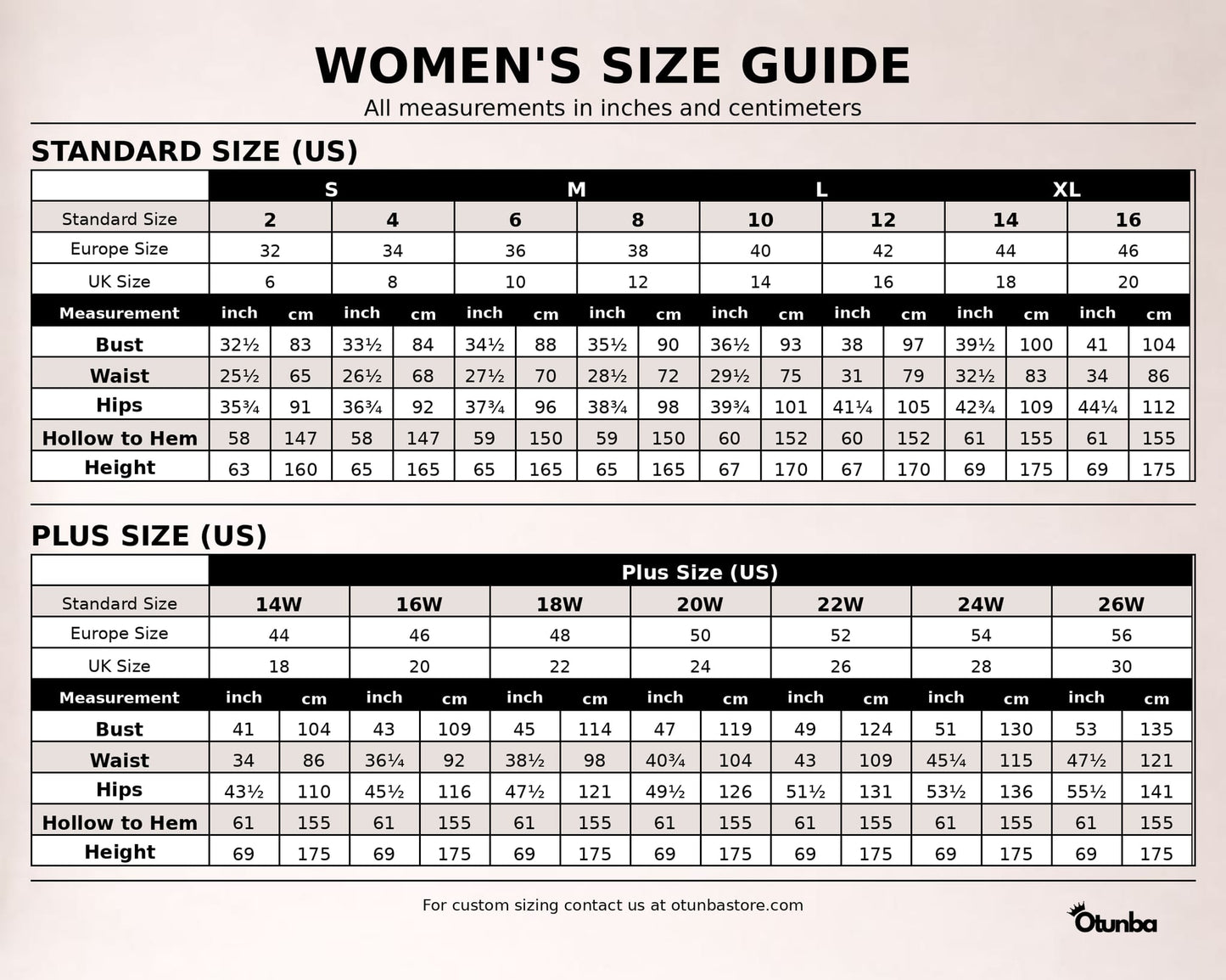 OTUNBA Women's Size Guide